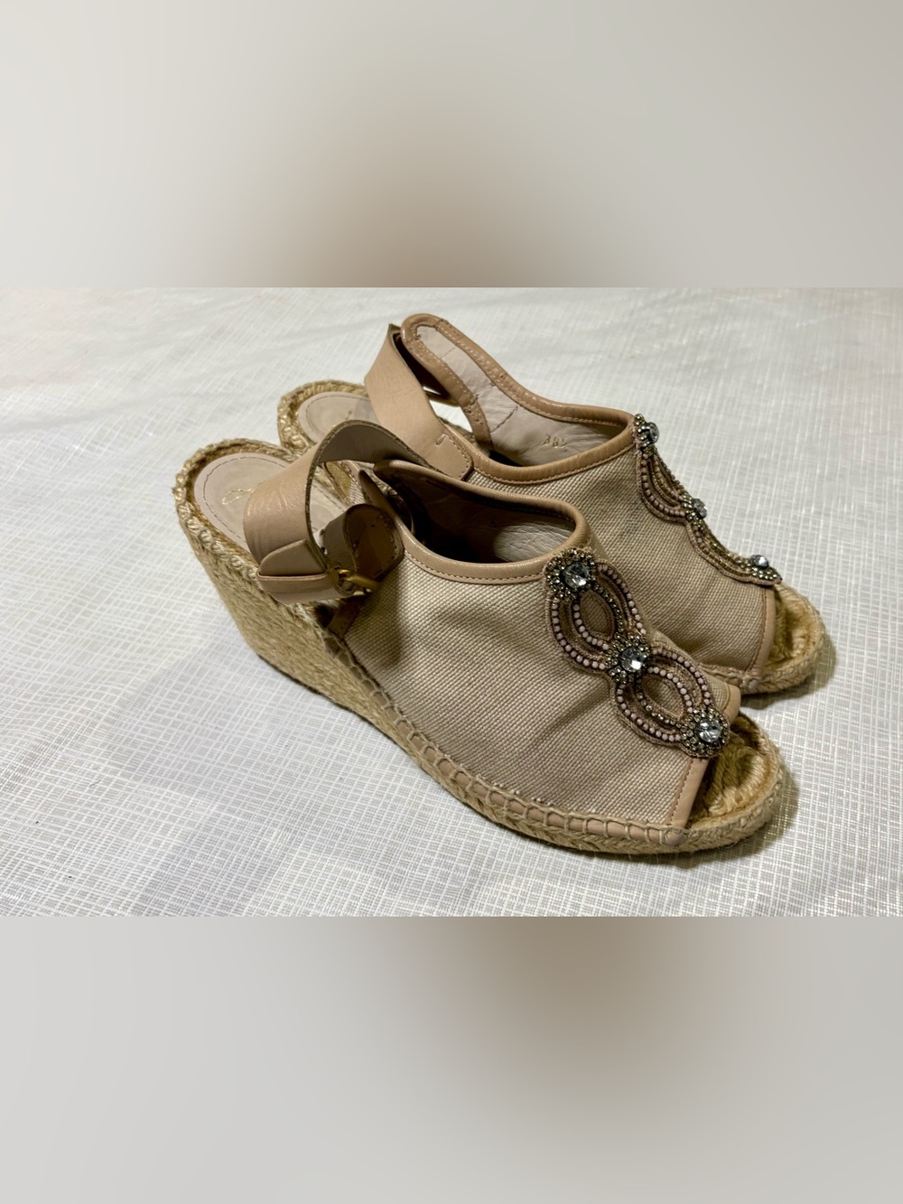 Jean Michel Cazabat Sz 38.5 8 M Rhinestones Beaded Espadrille Wedge Sandals